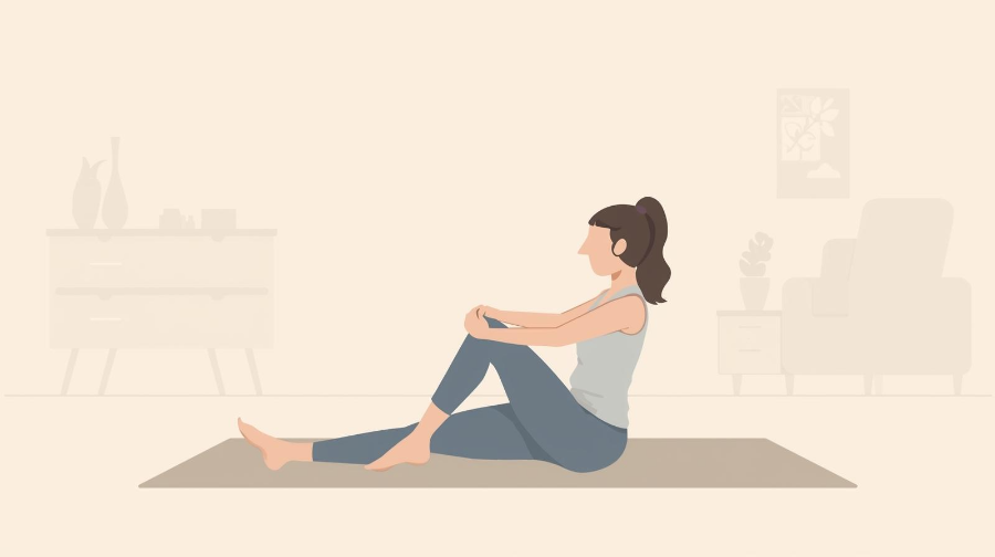 요가 매트 위에서 의자에 앉아 무릎 펴기 운동을 하는 사람의 그림