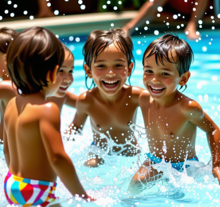 수영장에서 물놀이 하며 행복해 하는 아이들의 모습