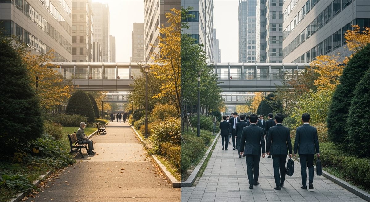정년과 연금 시작 시기의 차이를 상징하는 도심 갈림길