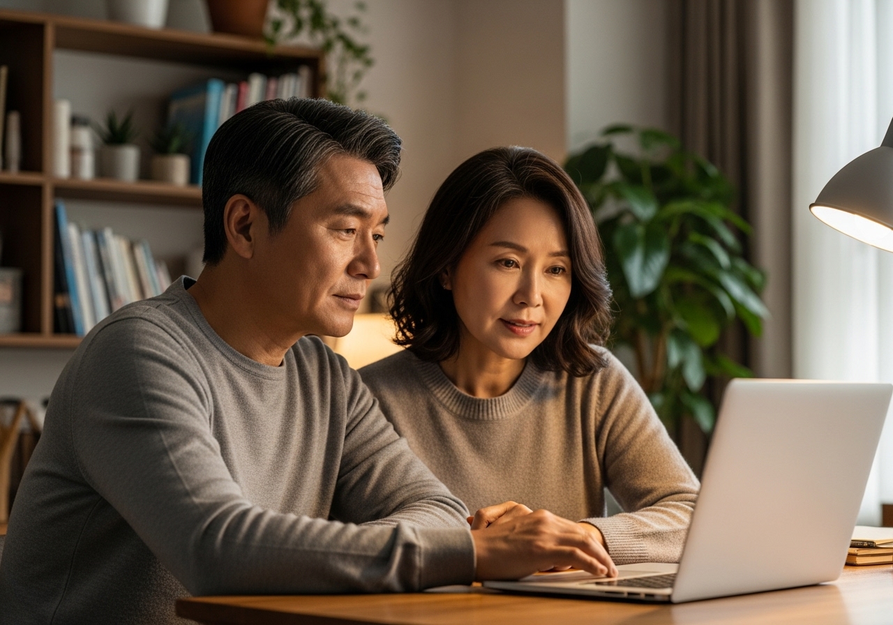 50대 한국인 부부, 홈오피스에서 공동 작업 중