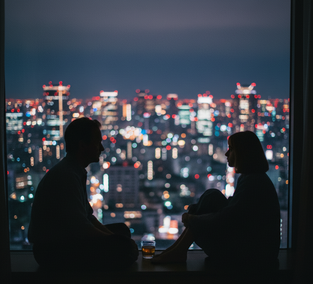 도쿄 호텔 창가에서 야경을 바라보는 두 사람의 실루엣, 영화 사랑도 통역이 되나요 장면을 연상시키는 감성적인 순간