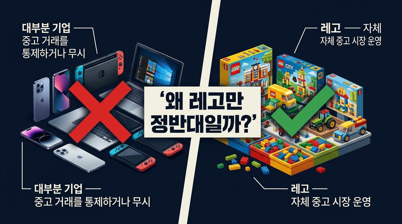 중고 거래 통제하는 기업들과 중고 시장 직접 운영하는 레고 비교 인포그래픽