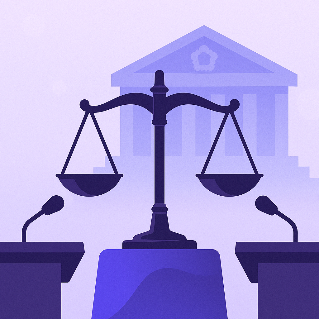 보랏빛 배경의 법원 실루엣 앞, 중앙 저울과 양옆 연단·마이크로 여야·대통령실과 사법부의 갈등과 균형 메시지를 시각화한 플랫 일러스트