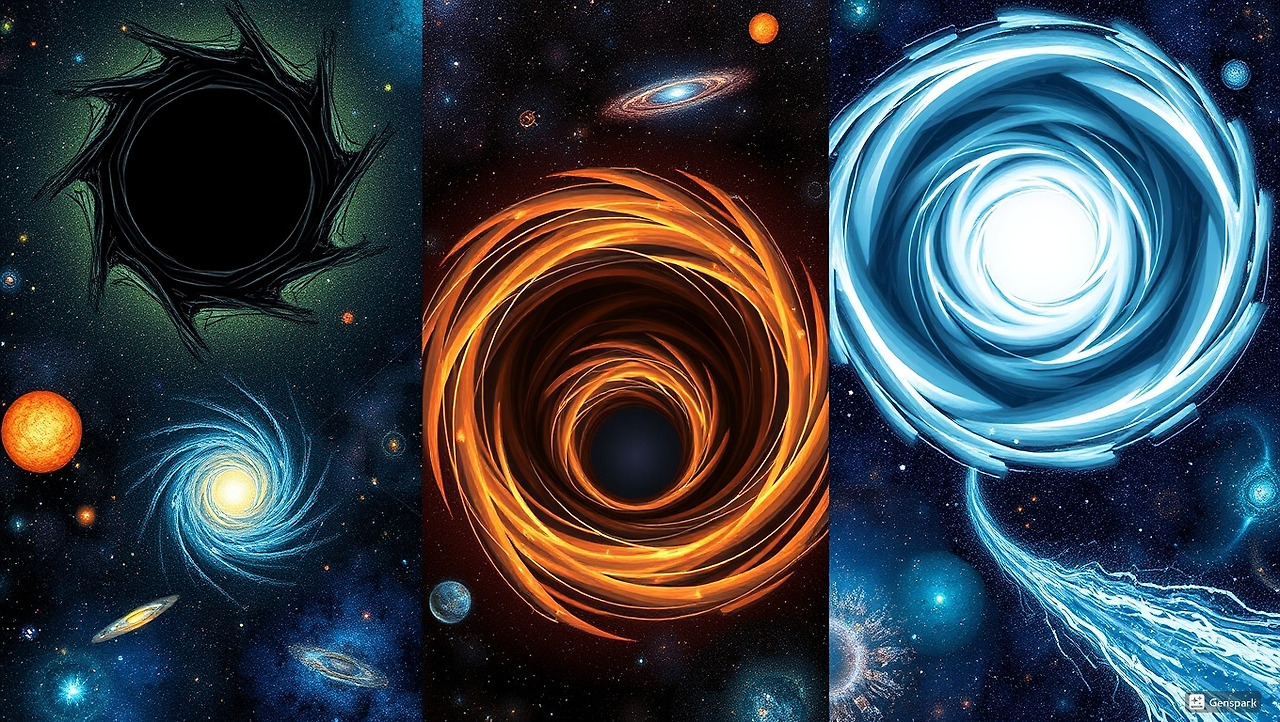 우주의 미스터리: 블랙홀, 화이트홀, 웜홀의 차이와 가능성