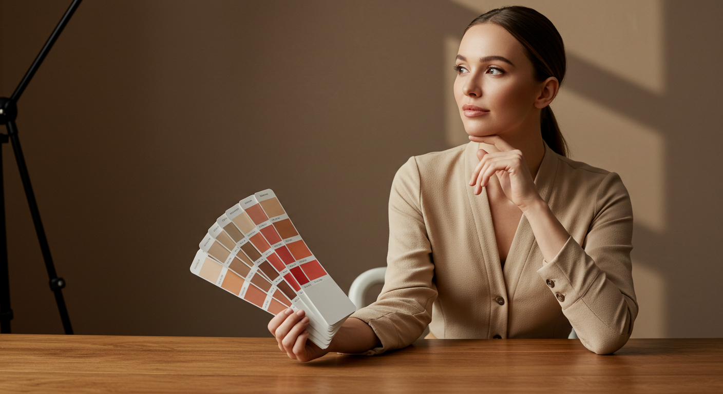따뜻한 배경에서 한 손에 컬러칩을 들고 깊이 바라보는 여성. 색을 단순한 감각이 아닌 전략적 시각으로 전환하는 순간을 표현합니다.