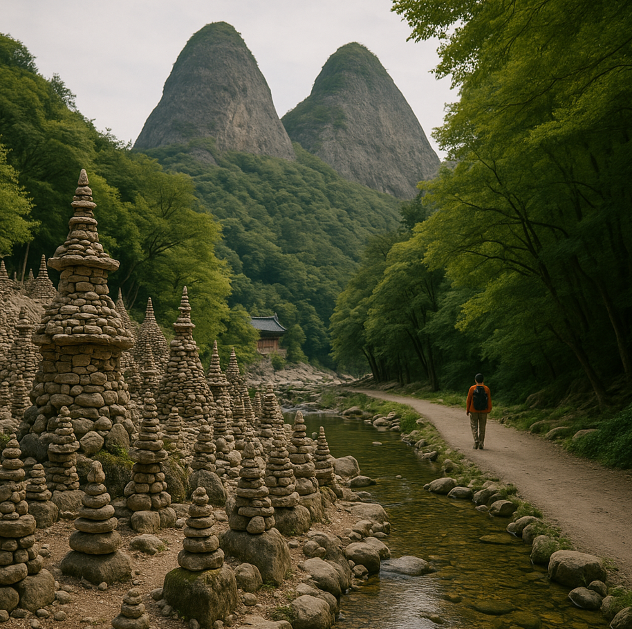돌탑 사이에 걷는 중년 사진