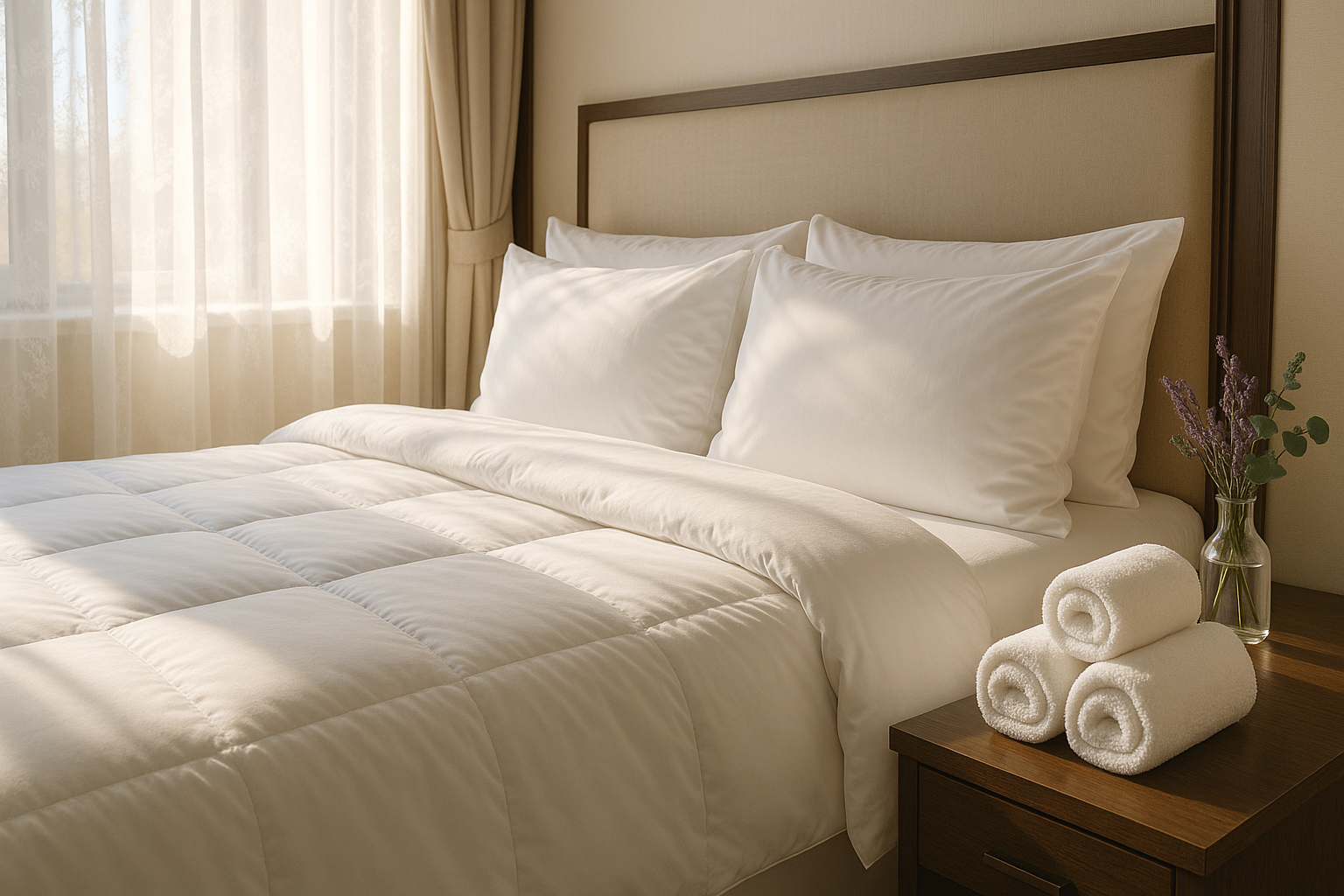 흰색 침구가 정갈하게 정리된 침대의 모습