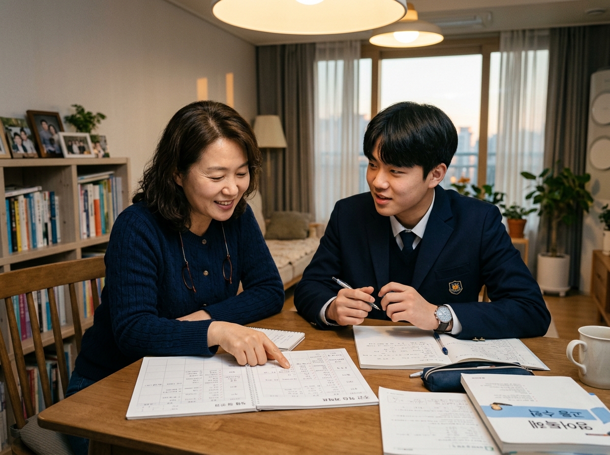 학부모와 학생이 주간 오답 관리 계획을 점검하는 모습