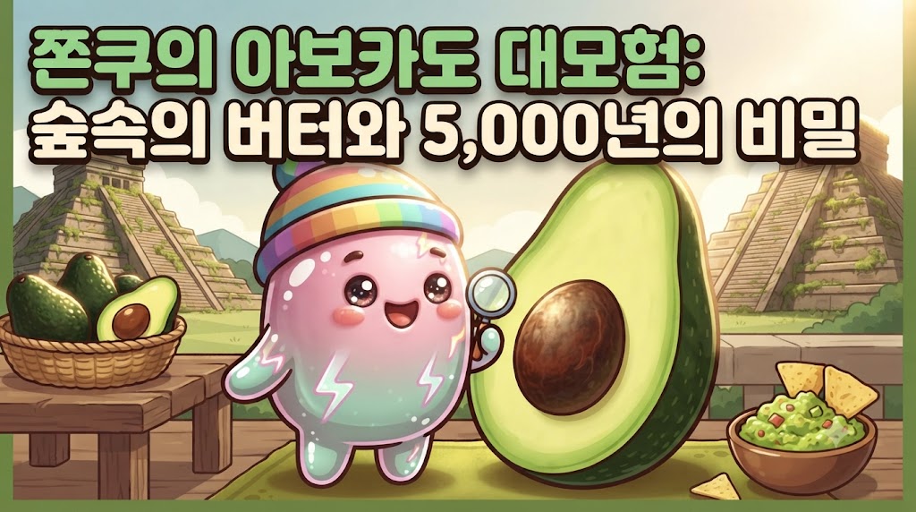 호기심 대장 쫀쿠가 거대한 반쪽 아보카도 앞에서 눈을 반짝이며 요리할 준비를 하고 있습니다. 뒤편으로는 아보카도 나무와 아즈텍 문양, 그리고 과카몰리 볼이 살짝 보이며 흥미진진한 모험을 예고합니다