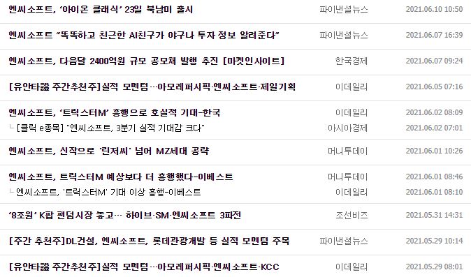 엔씨소프트 뉴스, 공시