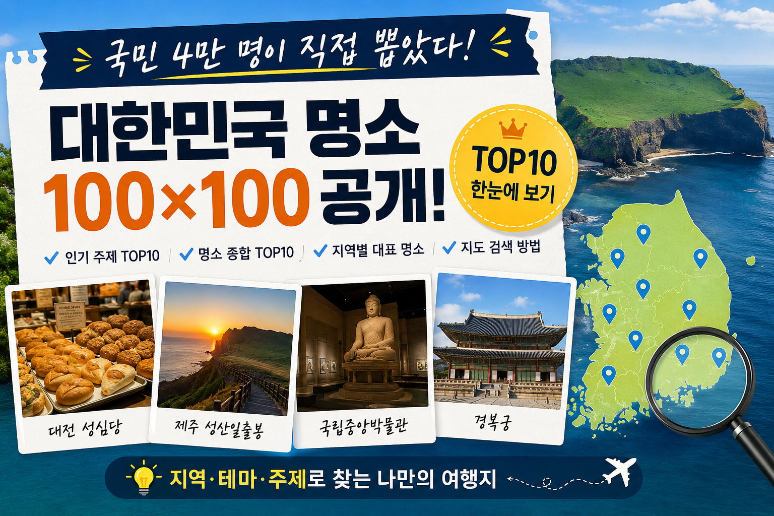 2026 국민이 직접 뽑은 대한민국 명소 100&times;100 TOP10과 지역별 대표 여행지 안내