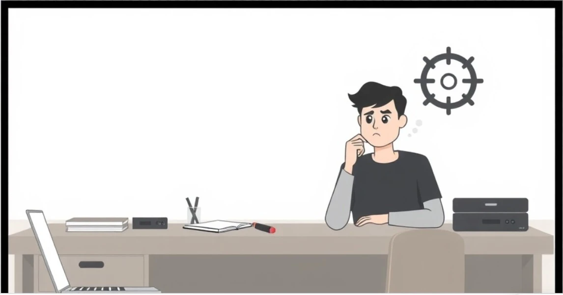 책상 앞에서 해야 할 일을 망설이는 사람과 자동 조종 아이콘