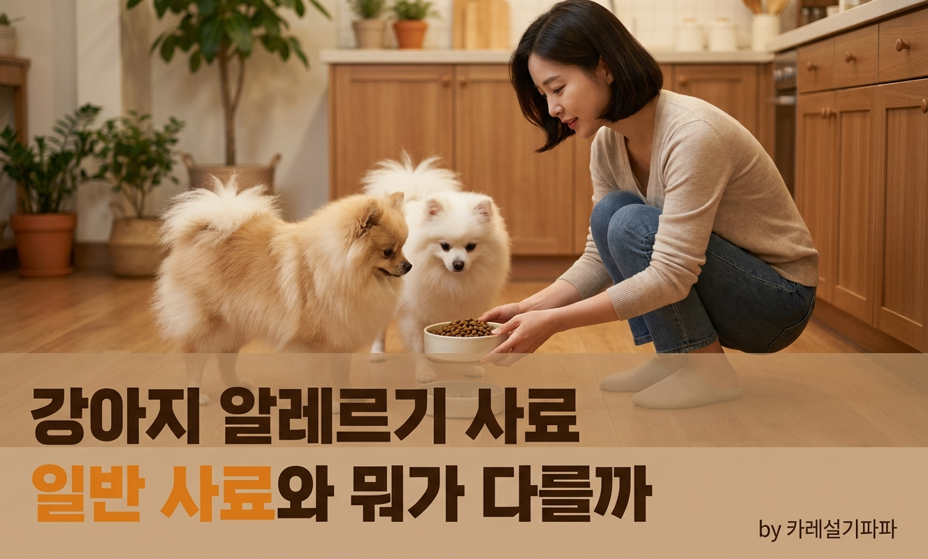 사료 그릇 앞의 포메라니안 두 마리