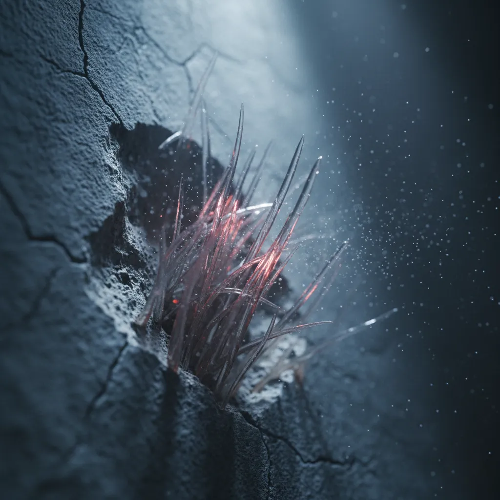 현미경으로 확대한 뾰족하고 날카로운 석면 섬유의 모습을 보여주는 사실적인 이미지