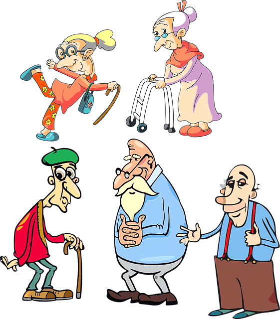 할머니 2명과 할아버지 3명을 그린 그림이다. 모두 지팡이를 들거나 걷기 지지대를 짚고 서있다.