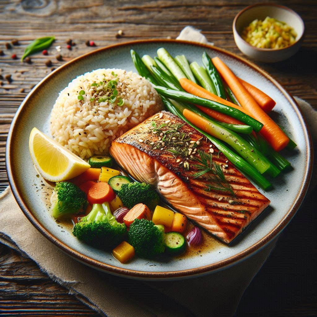 고단백 저칼로리 다이어트 한 끼인 연어구이와 현미밥