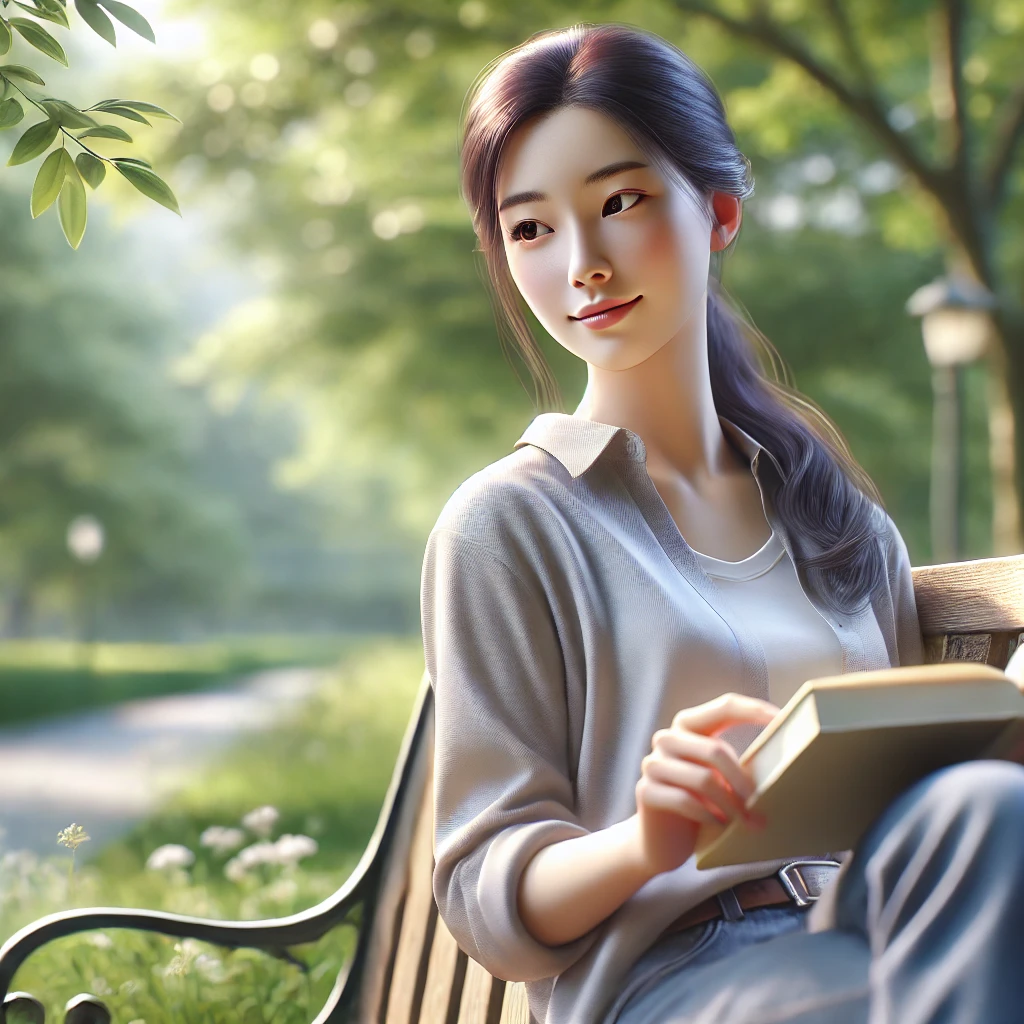 공원에서 여유롭게 산책하거나 책을 읽으며 휴식을 취하는 사람의 모습