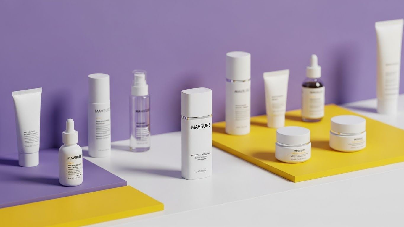 다양한 스킨케어 제품을 점진적으로 제거하고 중앙에 단 하나의 우아한 다기능 자외선 차단제 병만 남긴 세련되고 고각의 평면 레이 샷.