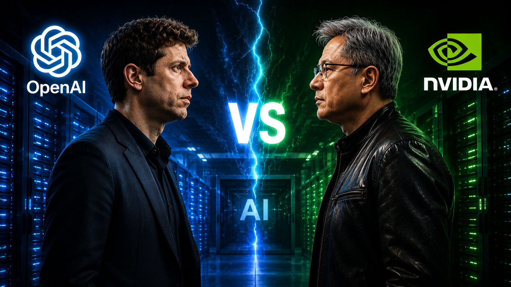 Sam Altman and Jensen Huang facing off in a futuristic data center, symbolizing the AI power struggle between OpenAI and NVIDIA.