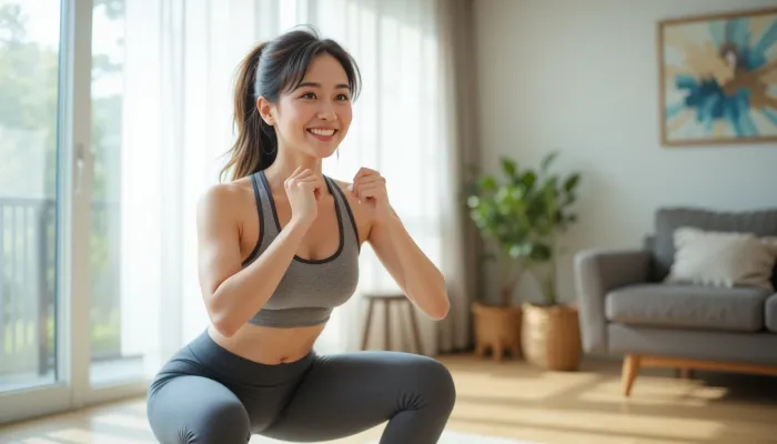 40대 여성이 거실에서 건강한 체중 감량 운동하는 모습