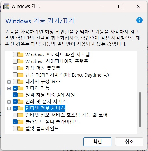 IIS 실행안됨 해결방법 - 4. Windows 기능 설정