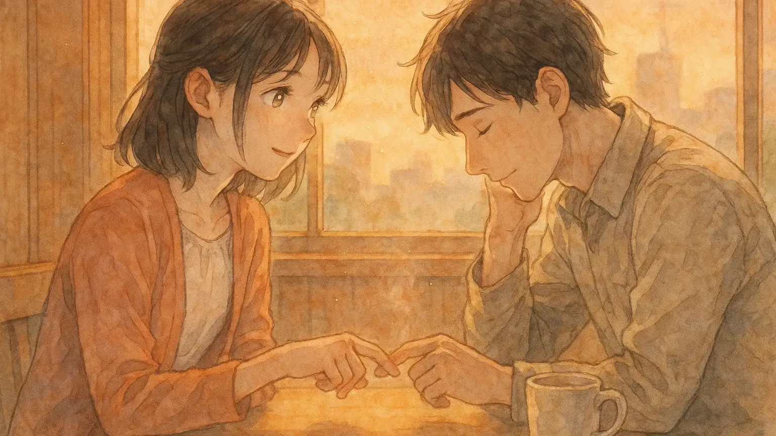 두 사람이 따뜻한 대화를 나누며 서로를 이해하는 모습, 겸손한 소통의 아름다움을 보여주는 감성적인 장면