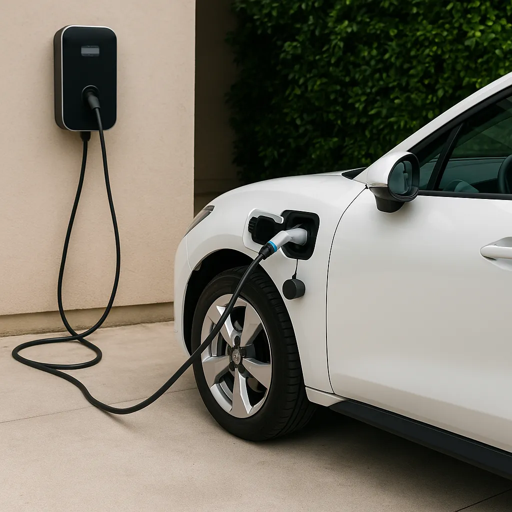 자가용 주차장에서 전기차가 완속 충전 중인 모습