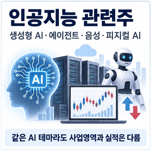 인공지능 관련주라는 제목과 AI 반도체 뇌 모양 아이콘 주식 차트 NAVER 한컴 솔트룩스 코난테크놀로지 셀바스AI 마음AI를 함께 표현한 대표 이미지