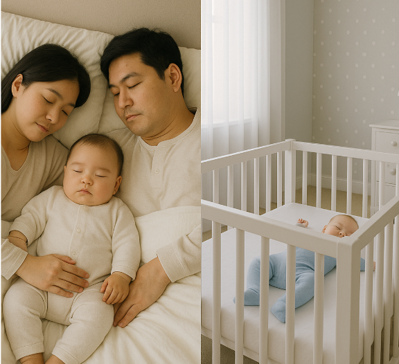 부모와 한 침대에서 자고 있는 아기(왼쪽 그림)
아기 침대에서 혼자 누워 자고 있는 아기(오른쪽 그림)