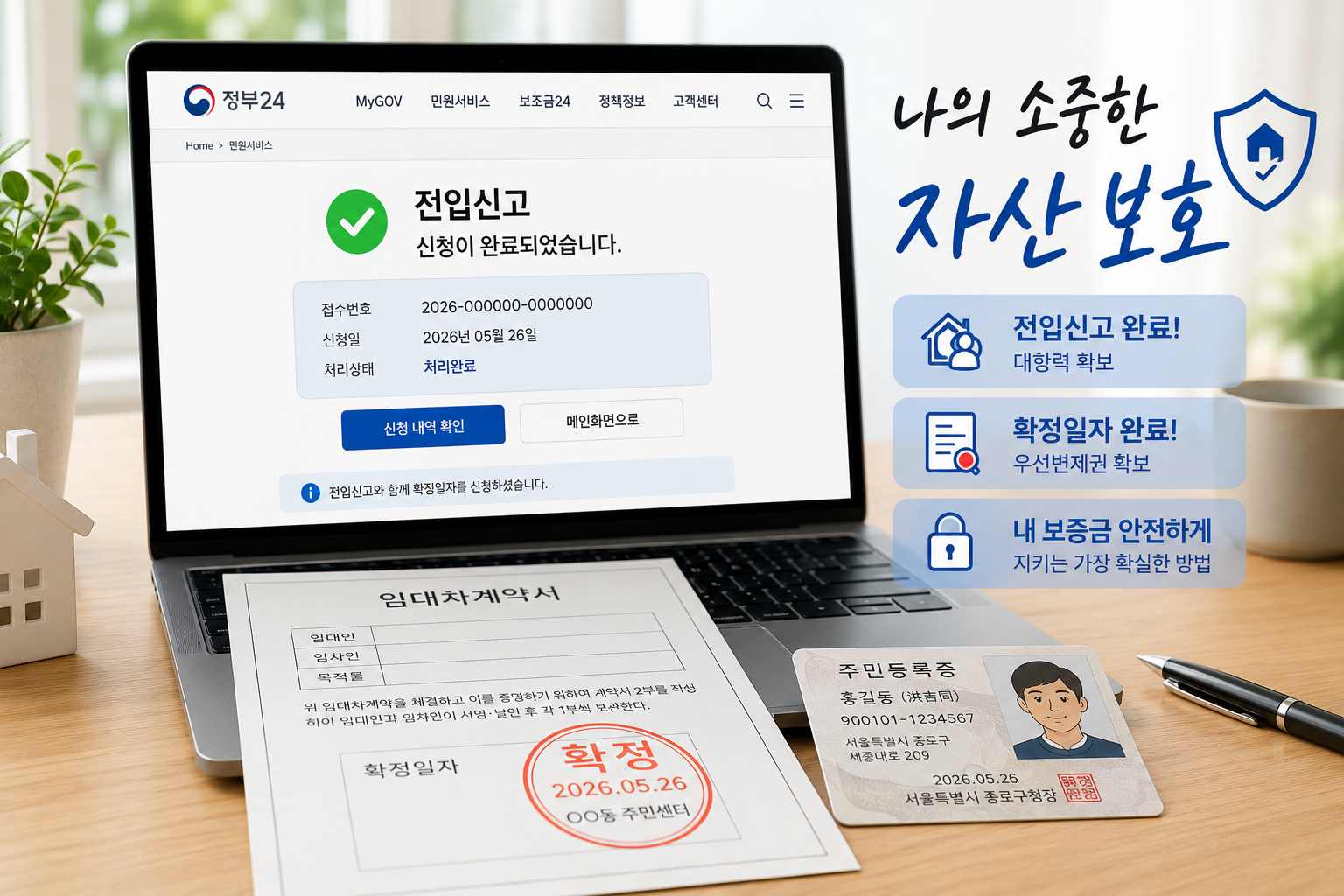 정부24 전입신고 완료 화면과 확정일자가 찍힌 임대차계약서를 통해 보증금 보호 방법을 설명하는 사진