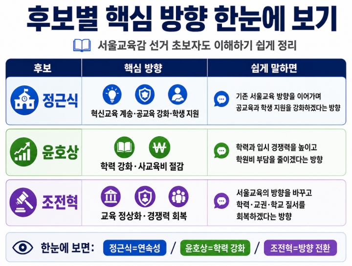 2026 서울교육감 후보 공약 비교 정근식 윤호상 조전혁 핵심정리