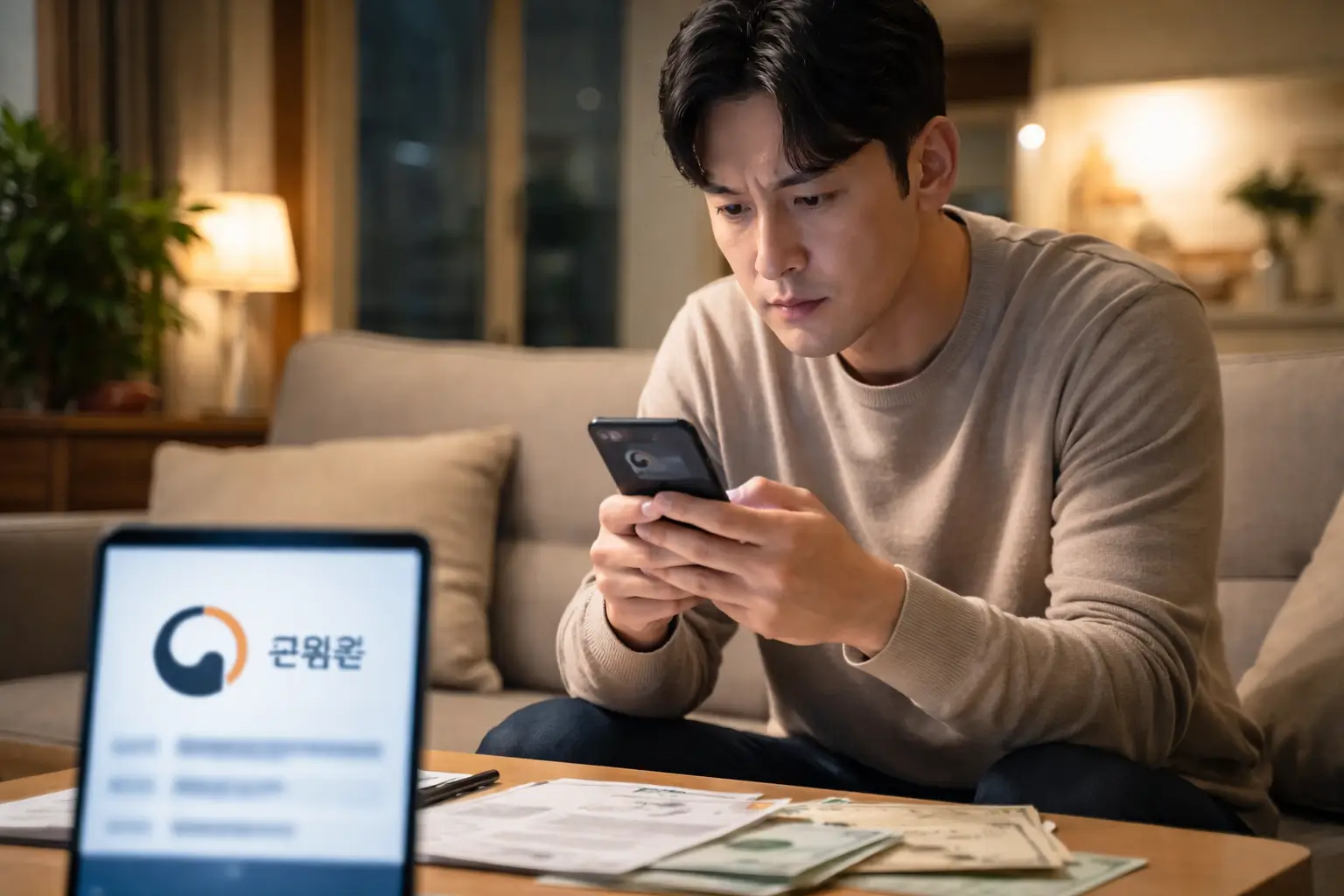 한국의 평범한 거실에서 심각한 표정으로 스마트폰을 이용해 금융감독원 파인 사이트에 접속 중인 30대 남성