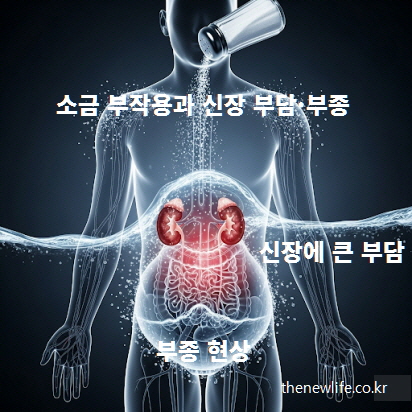 소금을 많이 먹으면 신장에 부담이 커지고 체내 수분 저류로 부종이 생기는 과정을 보여주는 이미지