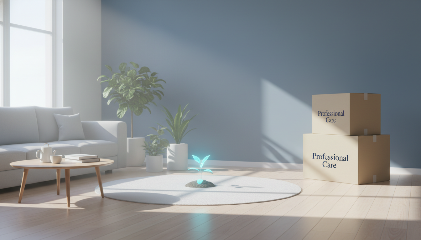 따뜻한 햇살이 들어오는 깨끗하게 정리된 방의 모습과 전문적인 유품정리 완료를 상징하는 상자들