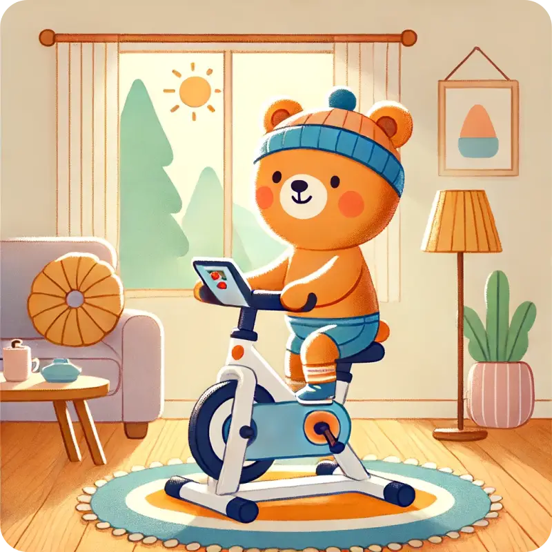 실내에서 자전거 타는 곰돌이 모습