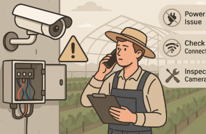 농장 온실 앞에서 CCTV 고장을 점검하는 농부가 스마트폰으로 통화하며 제어함을 살펴보는 장면. 카메라 옆에는 전원 문제, 연결 확인, 장비 점검을 상징하는 아이콘이 표시된 평면 일러스트.