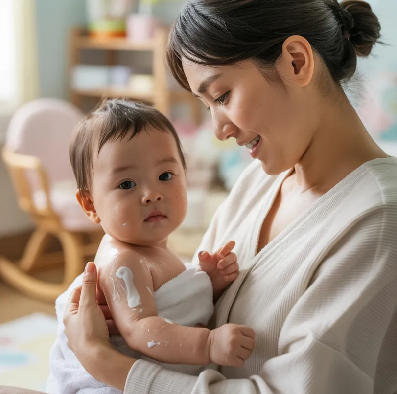 아기 아토피 로션을 바르고 있는 이미지