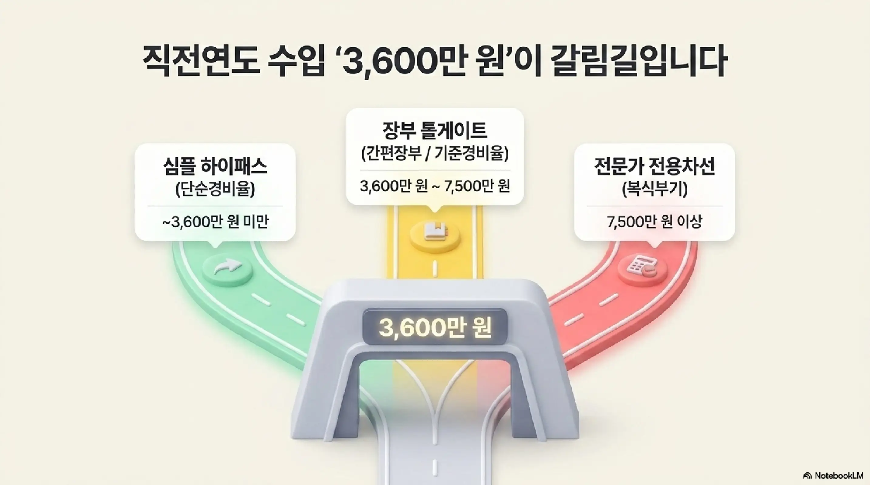 배달라이더 종합소득세 신고: 직전연도 수입 3600만 원을 기준으로 배달라이더·대리기사의 종합소득세 신고 방법이 세 갈래로 나뉘는 것을 톨게이트 형태로 보여주는 인포그래픽. 3600만 원 미만은 단순경비율 하이패스 3600만~7500만 원은 간편장부·기준경비율 7500만 원 이상은 복식부기 전문가 전용차선으로 안내하는 이미지