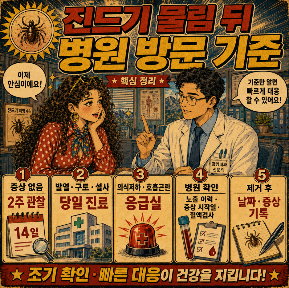 8. 진드기 물림 뒤 증상 없음, 당일 진료, 응급실, 병원 확인, 제거 후 기록까지 병원 방문 기준을 정리한 옛날 만화 스타일 마무리 섬네일 이미지