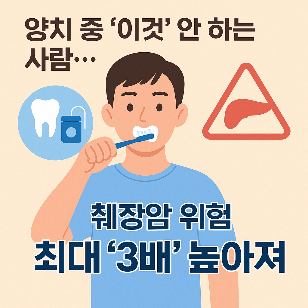 칫솔과 치실 아이콘, 췌장암 위험 경고를 상징하는 건강 인포그래픽