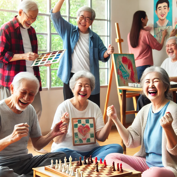 레크리에이션 프로그램으로 즐거워 하는 노인들의 모습