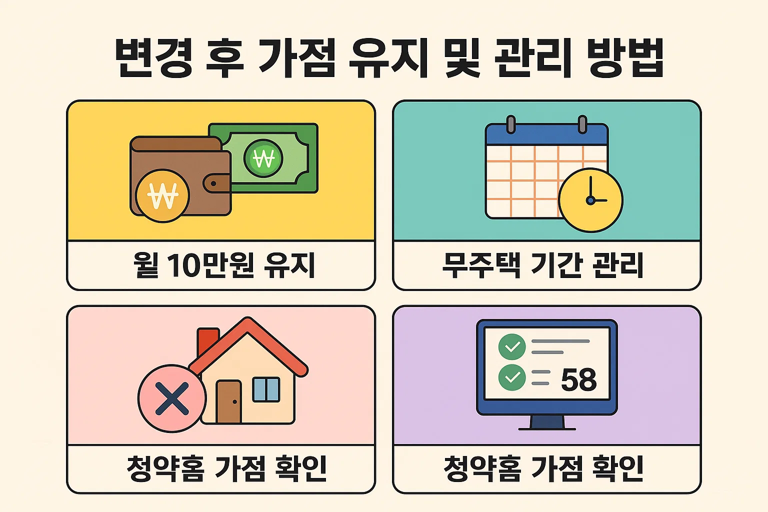 청약통장 변경 후 가점 유지 및 관리 방법을 정리한 인포그래픽. 월 납입금 유지, 무주택 기간 관리, 청약홈 가점 확인 등 실전 관리 팁을 제공합니다.