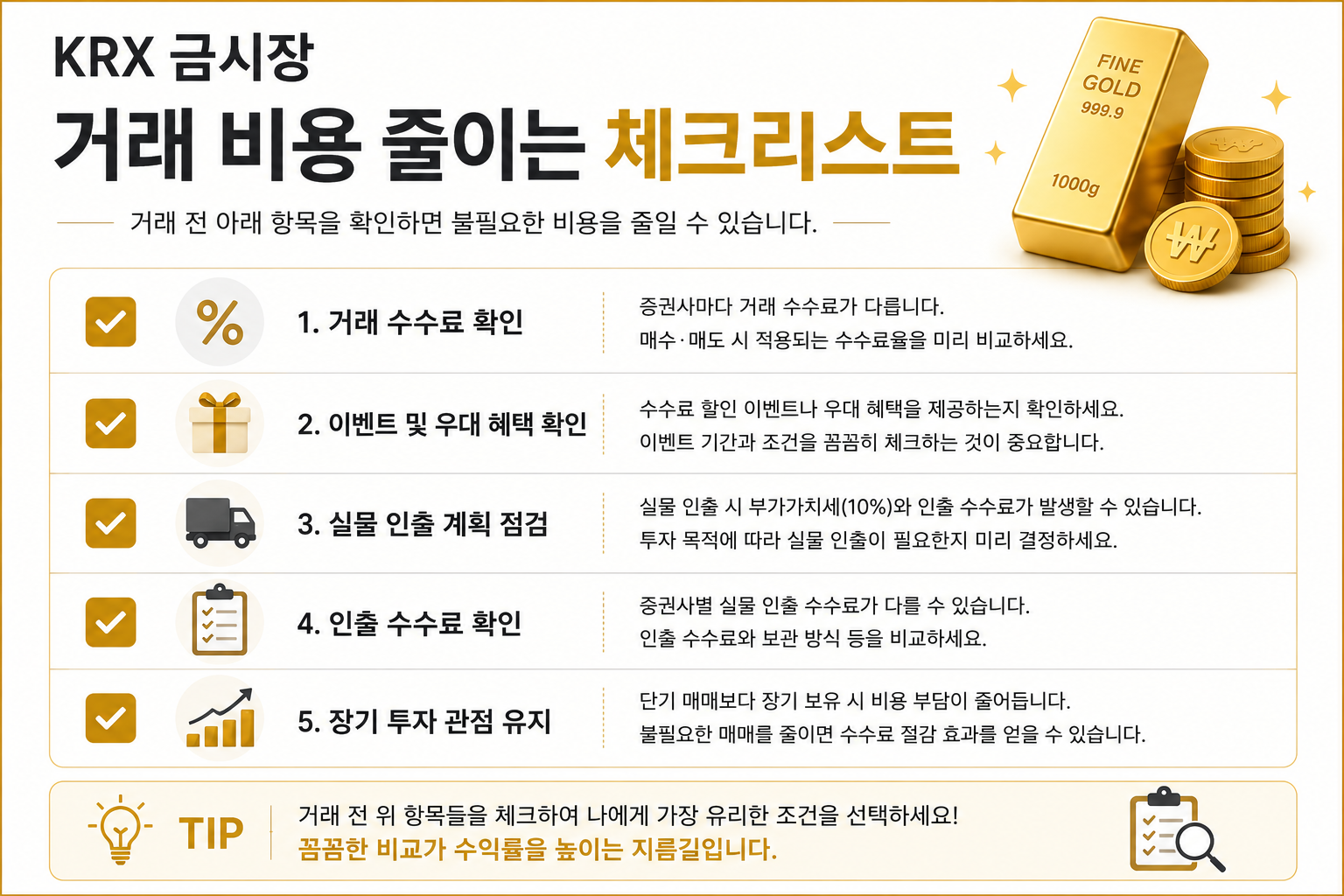 KRX 금시장 거래 비용을 줄이는 방법을 정리한 체크리스트