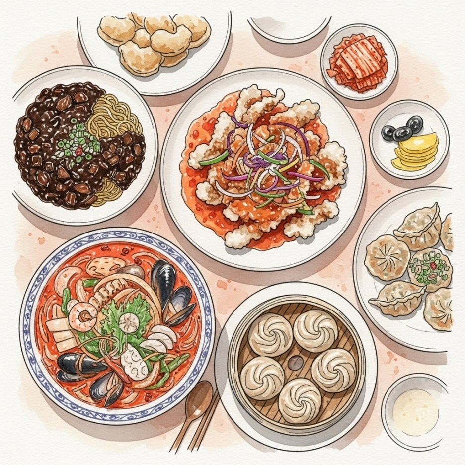 테이블 위에 차려진 다양한 중식 요리들