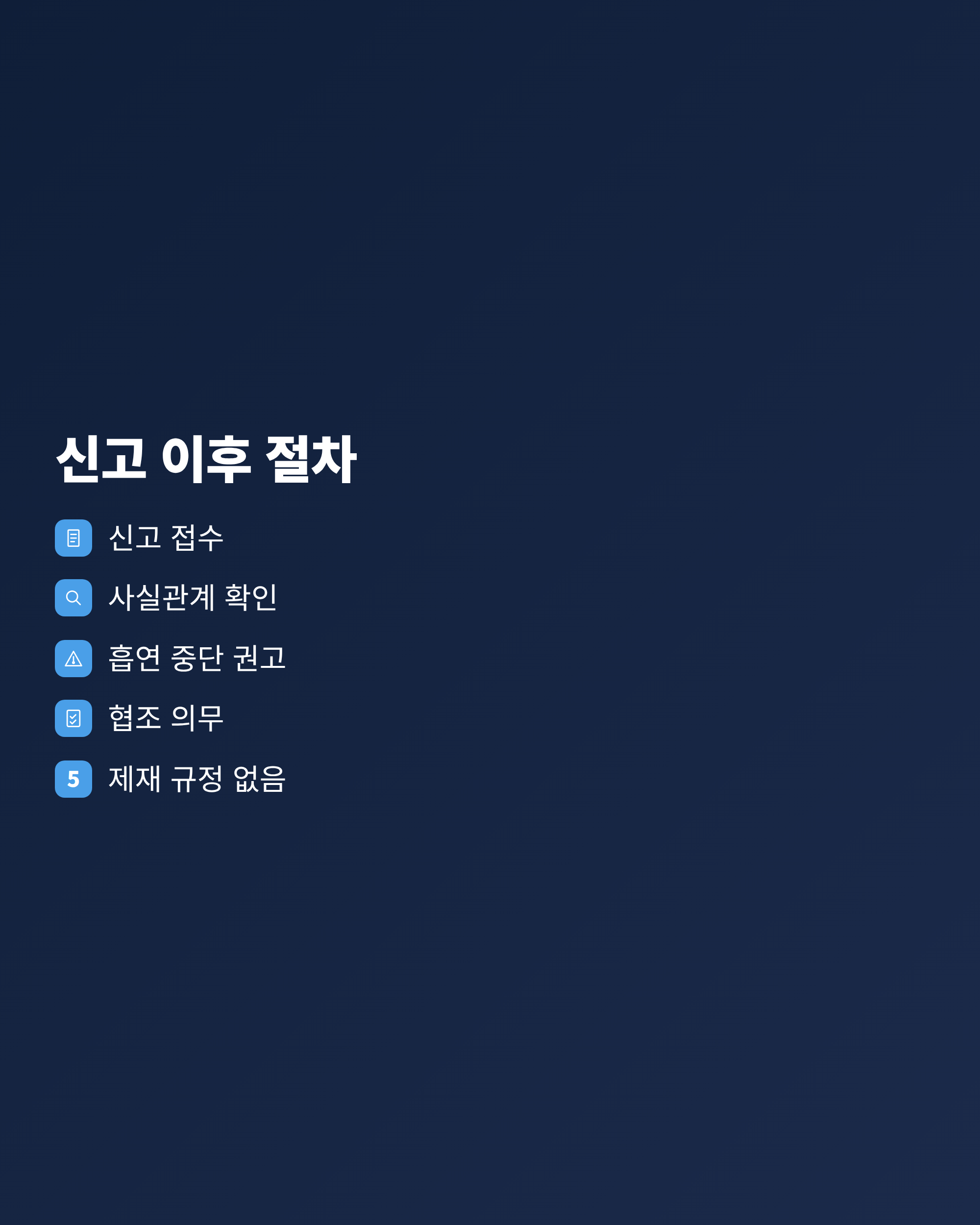 층간흡연 신고 이후 관리주체가 밟는 다섯 단계 절차를 순서대로 정리한 흐름도