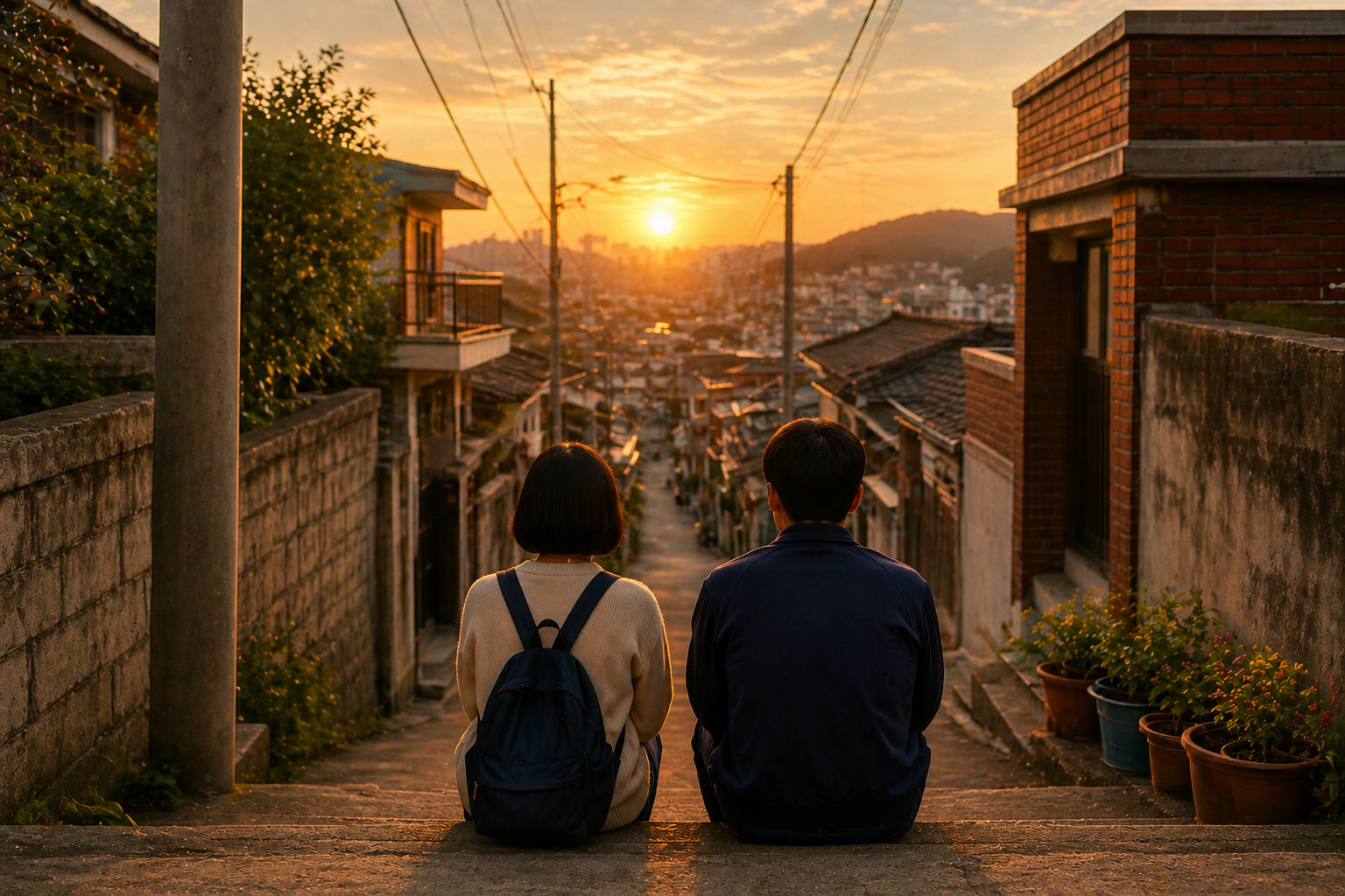 1980년대 한국 골목길에서 노을이 지는 가운데 두 사람이 앉아 있는 감성적인 장면으로 응답하라 1988의 인물 관계와 추억 분위기를 표현한 이미지