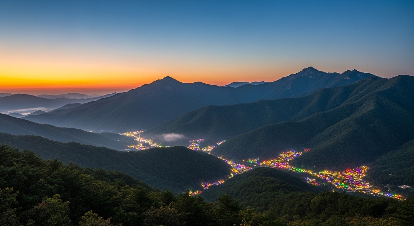 무주 산맥 능선을 따라 이어지는 화려한 야간 불빛
