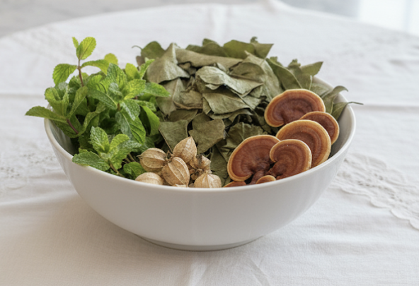볼 안에 영지와 민트, 감잎과 아쉬와간다 열매가 들어있다.