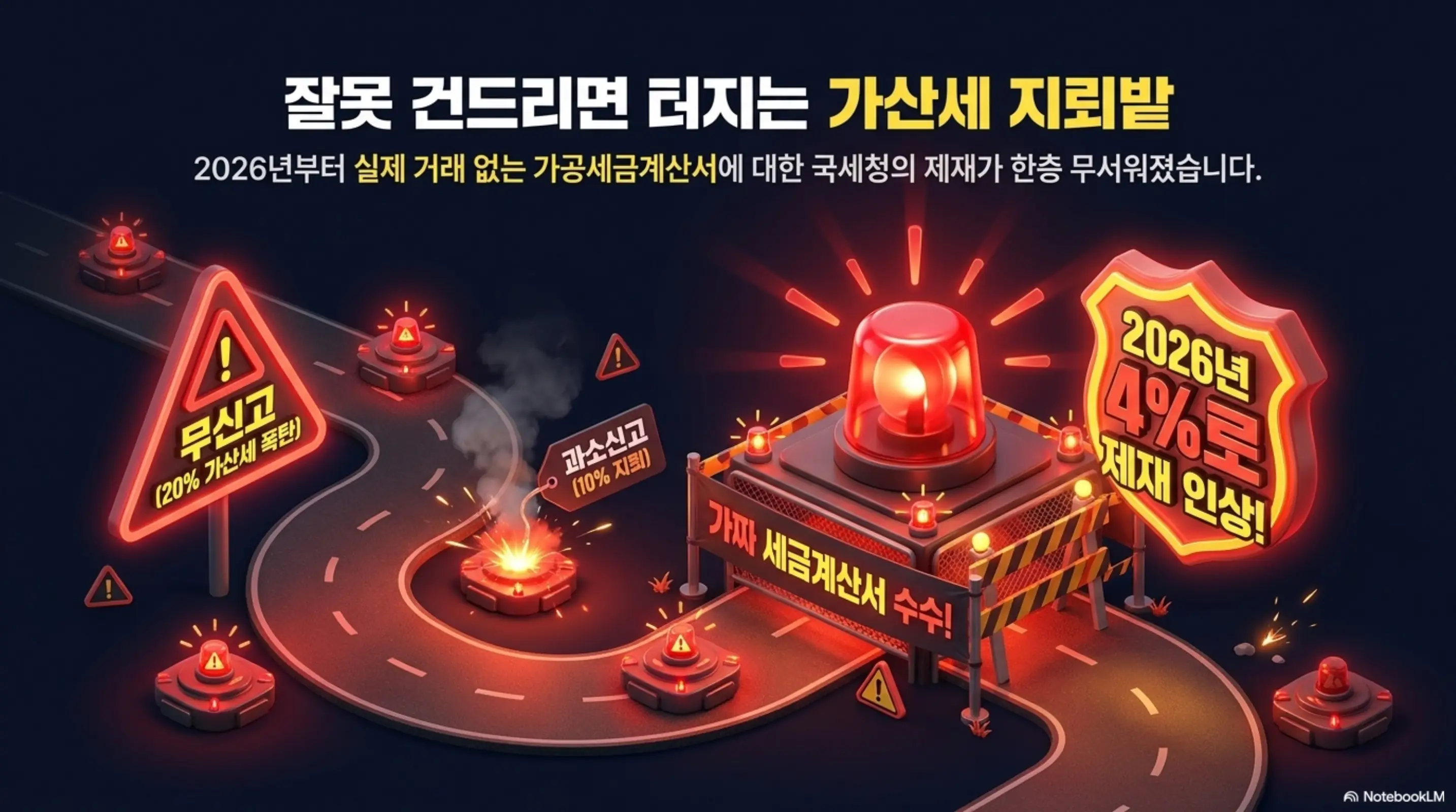 매입세액공제: 잘못 건드리면 터지는 가산세 지뢰밭이라는 문구가 포함된 이미지. 도로 위에 무신고 20퍼센트와 과소신고 10퍼센트 지뢰와 가공세금계산서 수수 경고등이 배치되어 있고 2026년 가공세금계산서 가산세율 4퍼센트 인상을 시각적으로 전달하며 블로그의 부가세 가산세 안내를 설명함