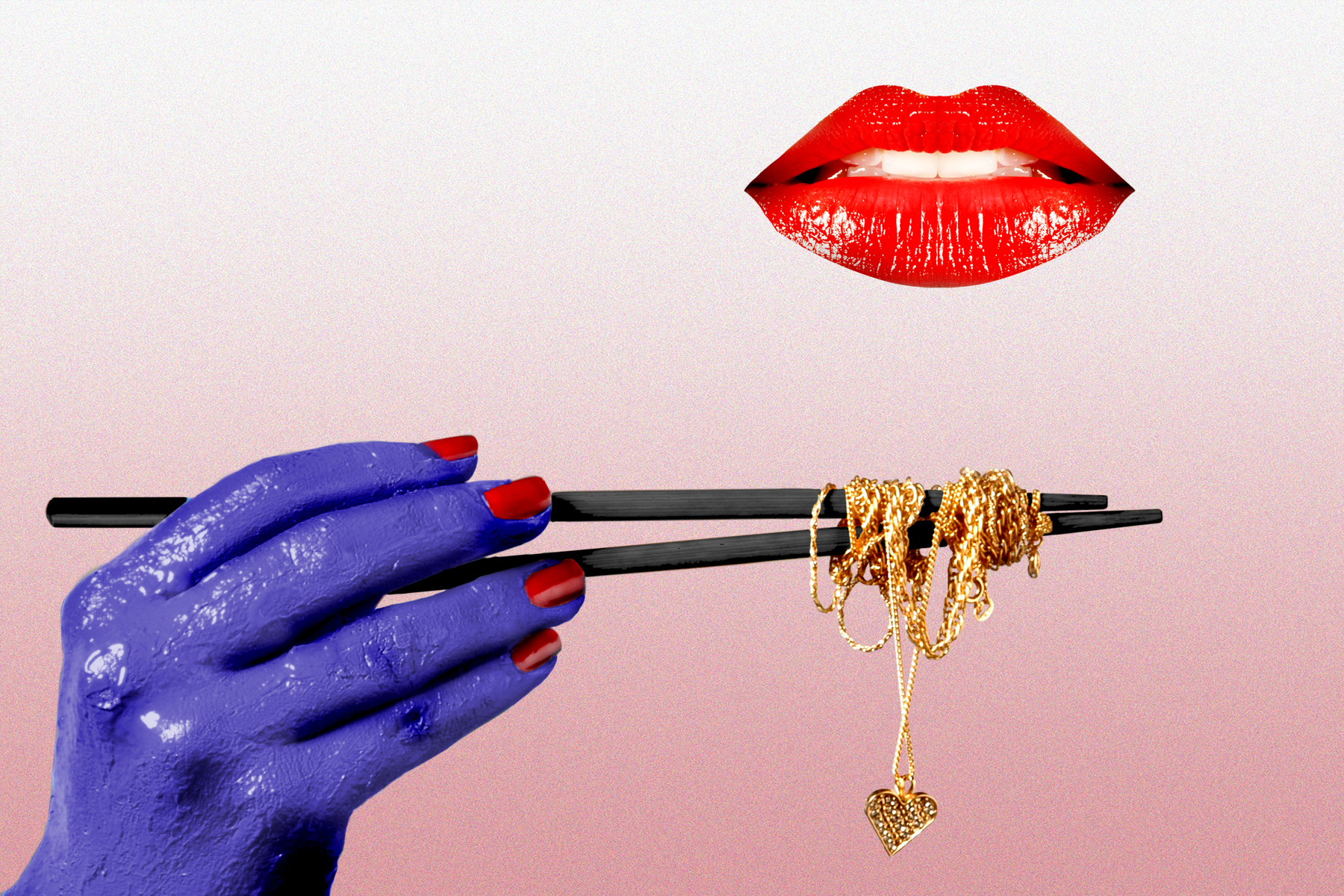 젓가락으로 금 목걸이를 먹으려고 하는 모습